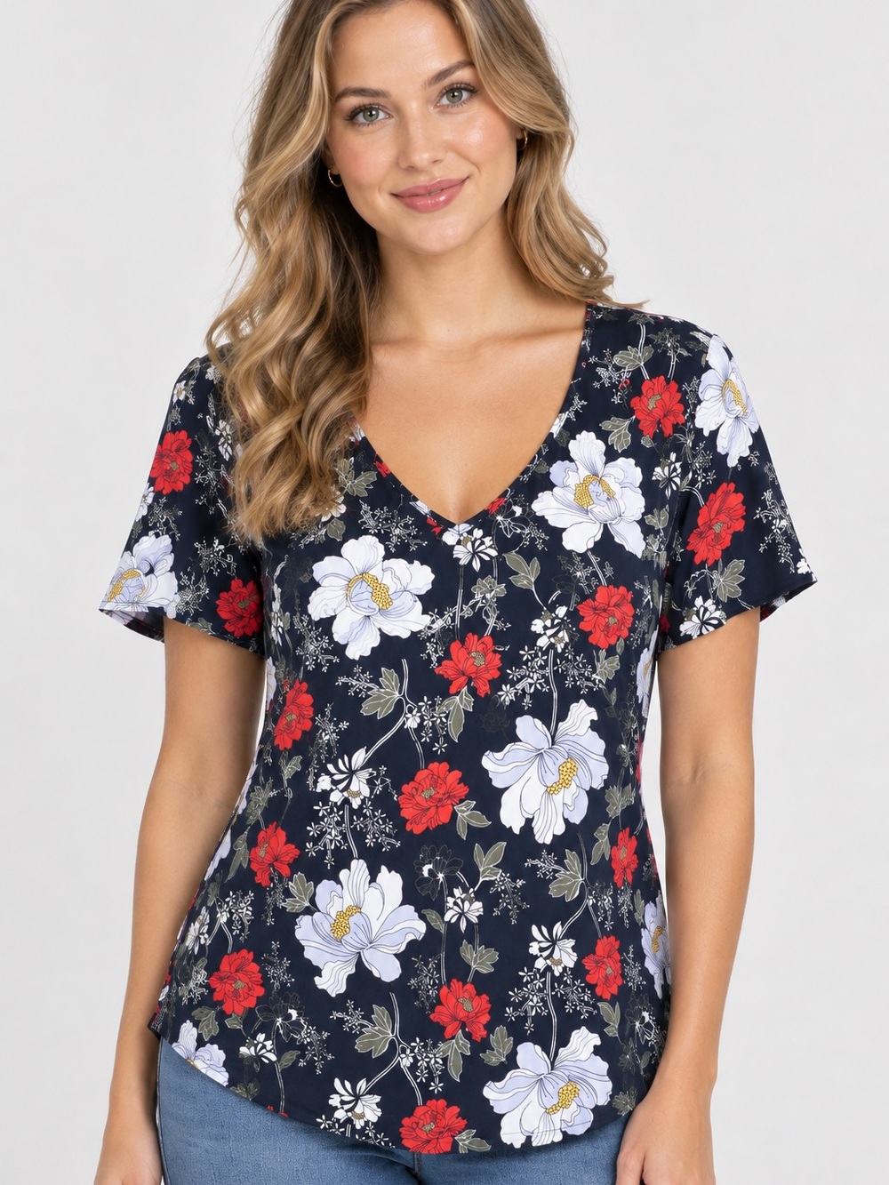 LOFT Navy Floral V-Neck Top with White & Red Blooms